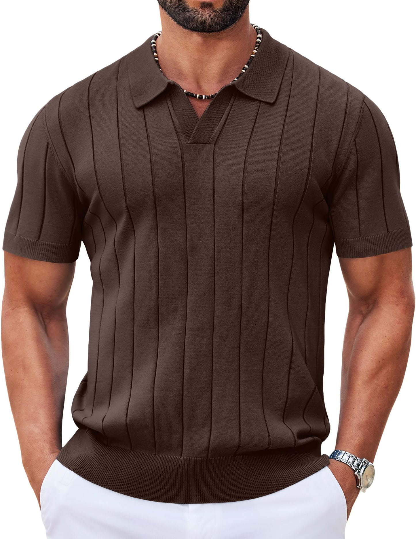 HOTCOOFANDY Mens Polo Shirts Short Sleeve V Neck Knit Shirts for Men Casual Old Money Clothes Mens Golf Shirt
