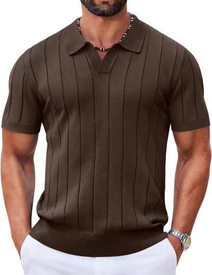 HOTCOOFANDY Mens Polo Shirts Short Sleeve V Neck Knit Shirts for Men Casual Old Money Clothes Mens Golf Shirt
