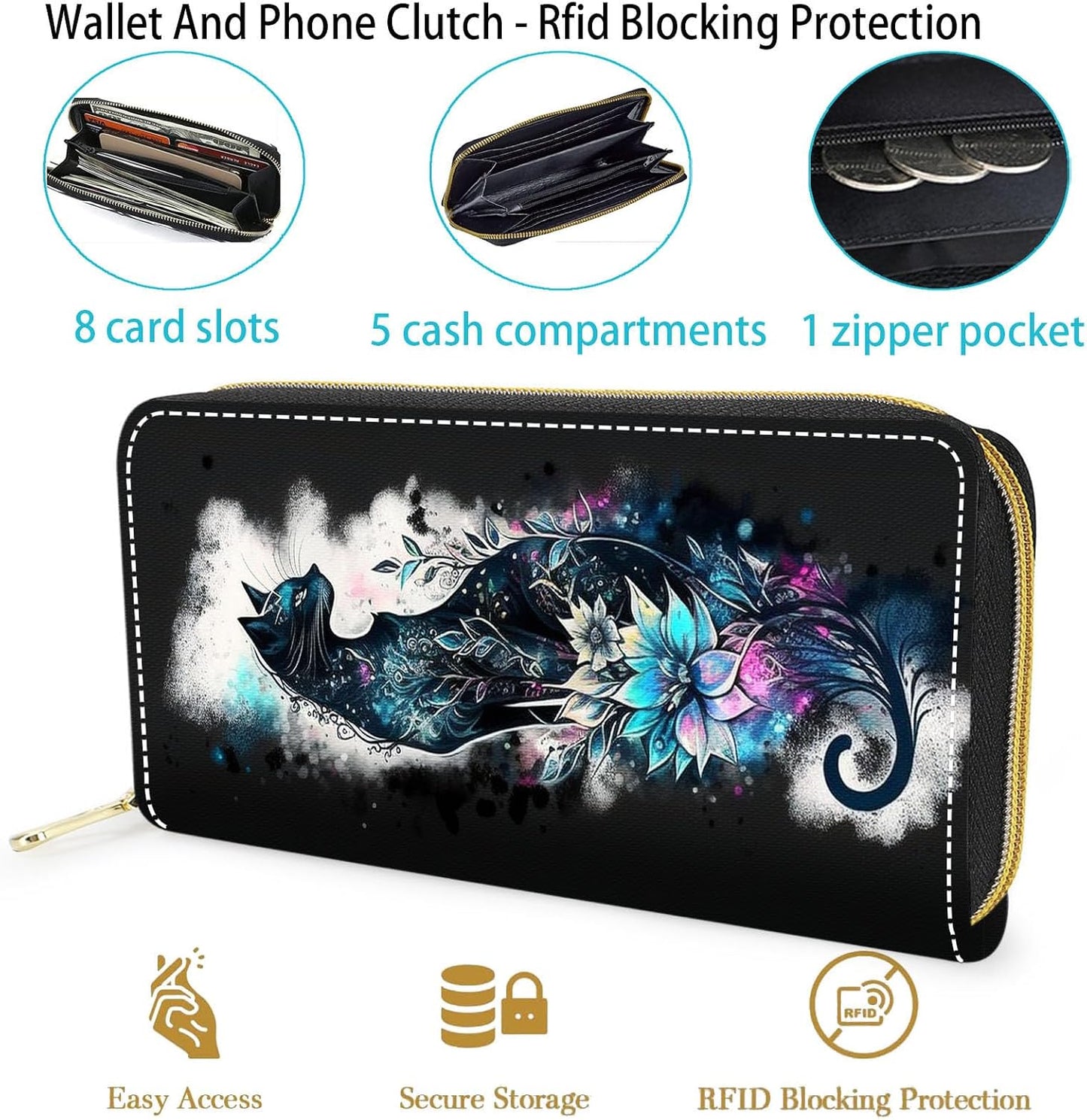 HOTWallet,Large Capacity RFID Blocking Leather Wallet, Durable Smooth Zipper Clutch,Unisex Travel Wallet for Cards,Cash,and Coins - Black Cat and Flowers
