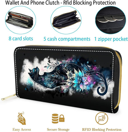 HOTWallet,Large Capacity RFID Blocking Leather Wallet, Durable Smooth Zipper Clutch,Unisex Travel Wallet for Cards,Cash,and Coins - Black Cat and Flowers
