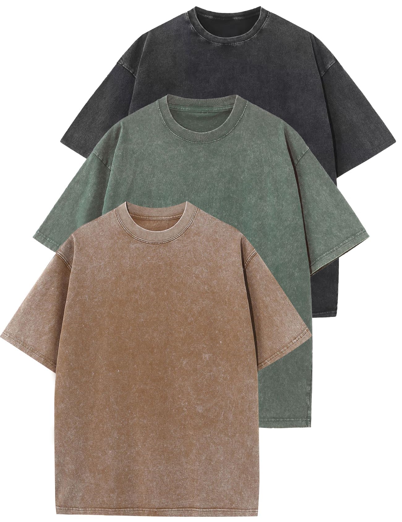 HOTFlygo 3 Pack Men Oversized T Shirts Acid Washed Unisex Tee Loose Fit Short Sleeve Casual Streetwear Baggy Basic Tops