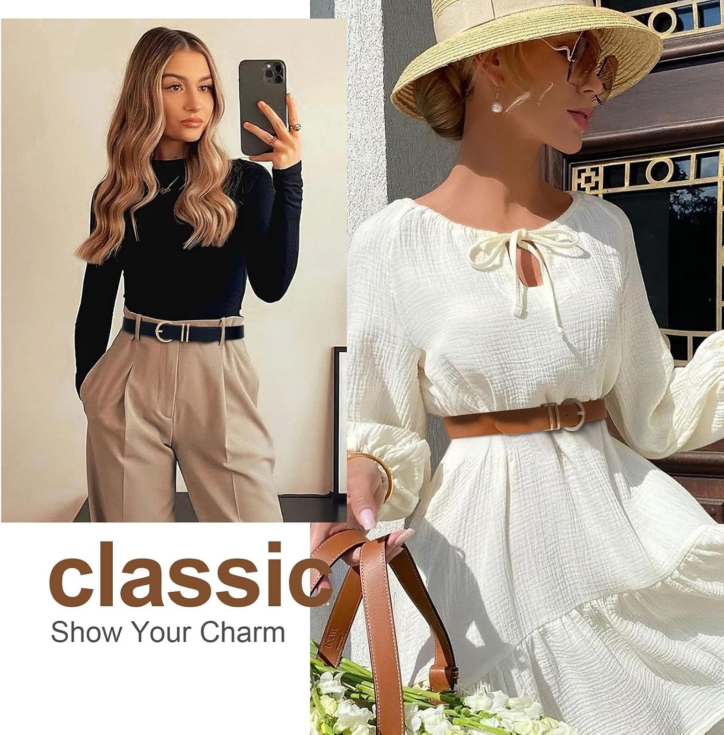 HOTVONMELLI 2 Pack Women's Leather Belts for Jeans Dresses Fashion Gold Buckle Ladies Belt