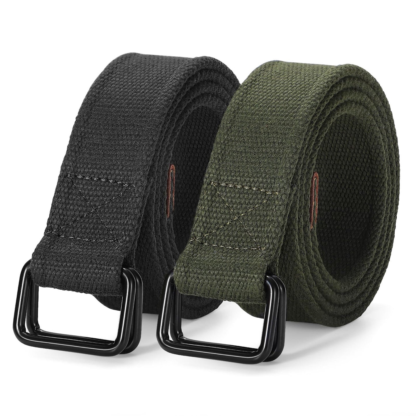 HOTJASGOOD Men Canvas Fabric Belts Casual Web Cloth Belts with Black Double Ring Buckle 2 Pack
