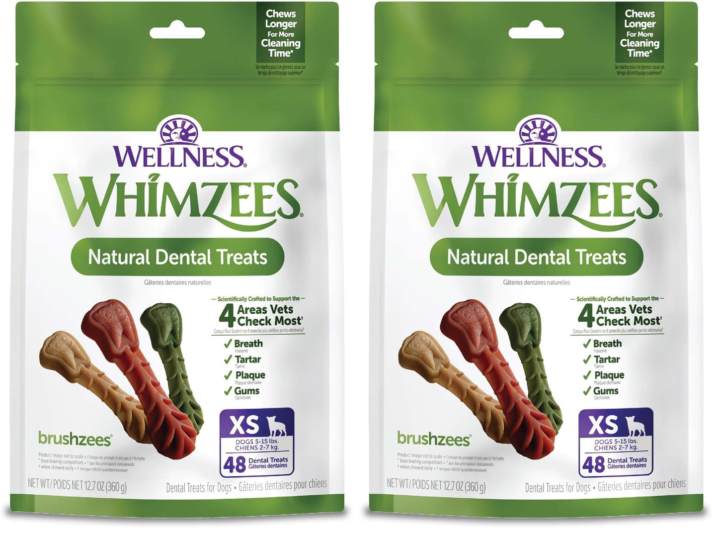 HOTWhimzees Wellness Brushzees Natural Dog Dental Treat, VOHC Accepted Chews, Freshens Breath, Extra-Small Size, 12.7 oz Bag, 48 Count