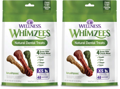 HOTWhimzees Wellness Brushzees Natural Dog Dental Treat, VOHC Accepted Chews, Freshens Breath, Extra-Small Size, 12.7 oz Bag, 48 Count