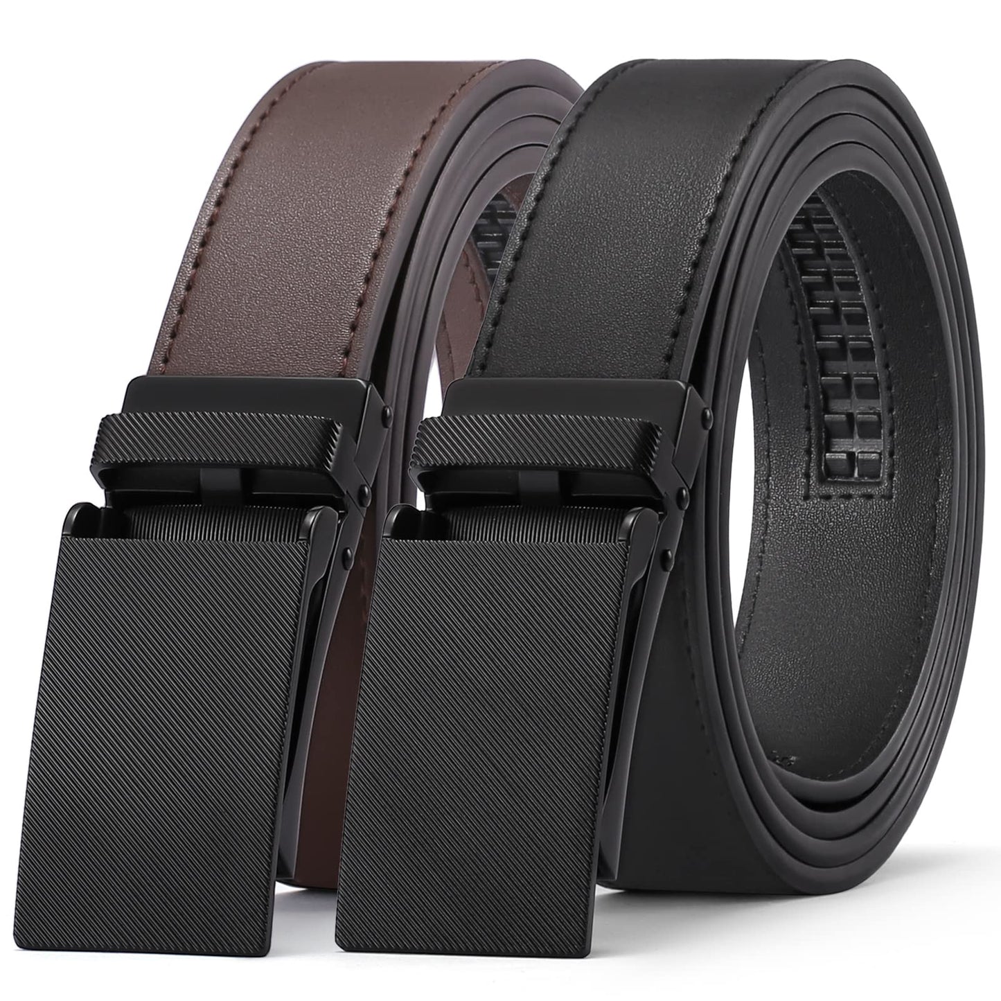 HOTSENDEFN 2 Pack Ratchet Belt Men, Men Leather Belts in Gift Set Box for Dress Casual, Size Adjustable Trim to Fit