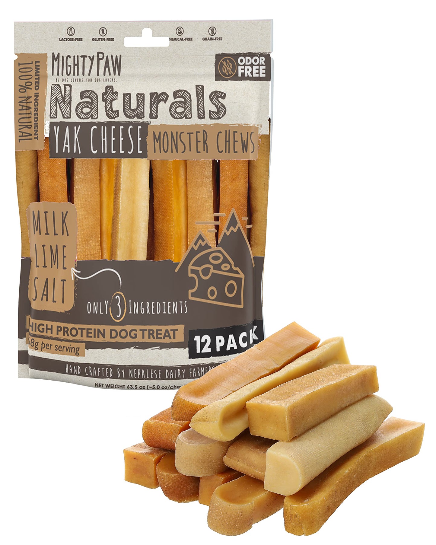 HOTMighty Paw Yak Cheese Dog Chews – All-Natural Long Lasting Hard Chew for Aggressive Chewers – High Protein, Odor-Free Dog Treat – 3 Ingredient Natural Yak Chews for Large Dogs – (4 Pack)