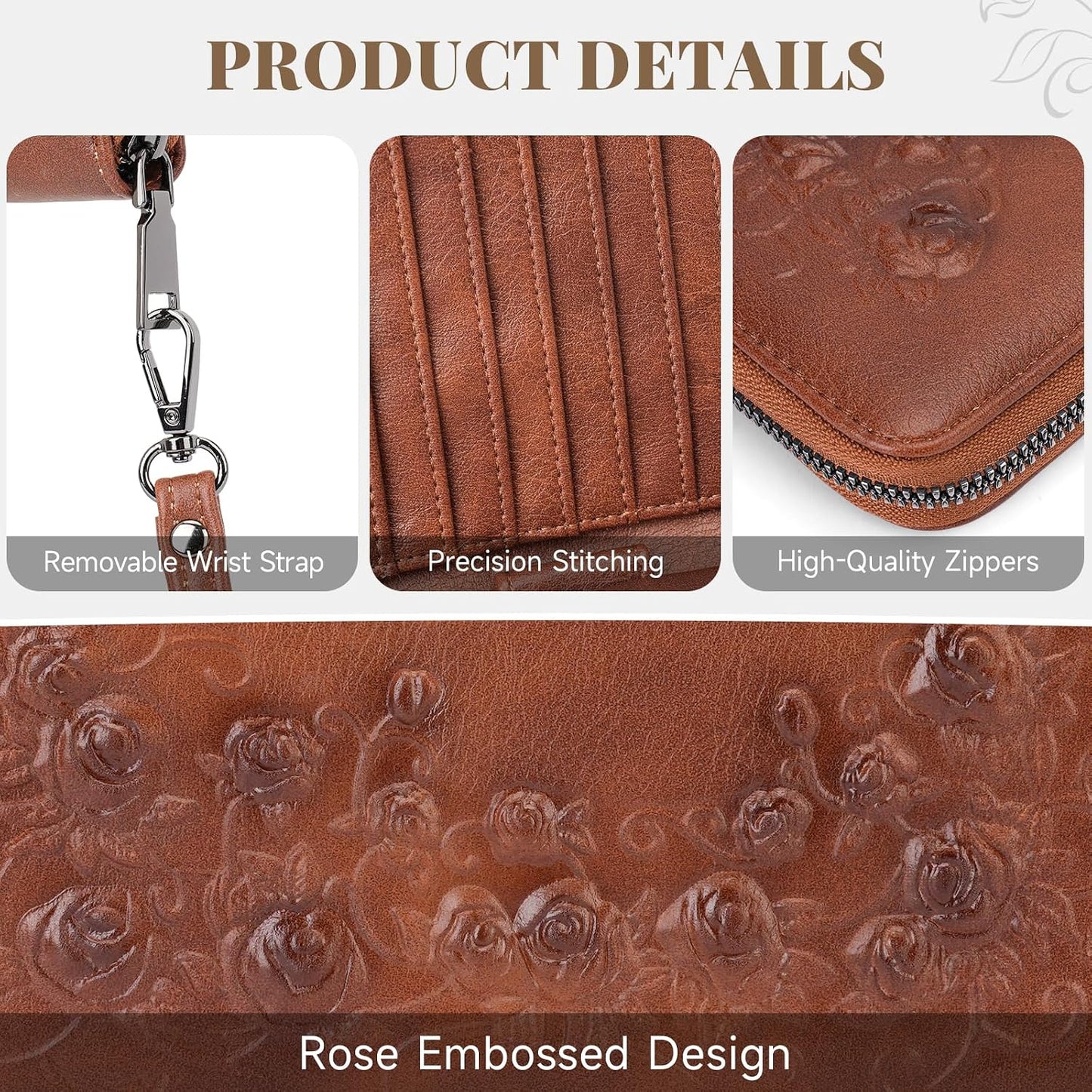 HOTMEITRUE Womens Wallet Large Capacity Phone Clutch Purse RFID Floral Embossed Vegan Leather Travel Wallet with Wristlet Brown