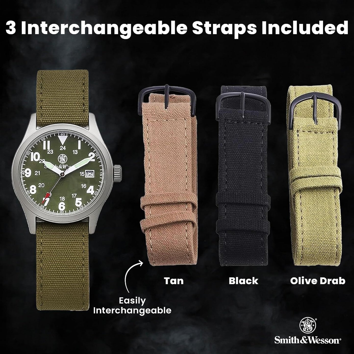HOTSmith & Wesson Men's Military Watch, 3 Interchangeable Canvas Straps, 3 ATM Water Resistant, Date Display, Scratch Resistant Glass, Military Style Watch for Outdoor Activities, Swimming, 40mm