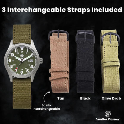 HOTSmith & Wesson Men's Military Watch, 3 Interchangeable Canvas Straps, 3 ATM Water Resistant, Date Display, Scratch Resistant Glass, Military Style Watch for Outdoor Activities, Swimming, 40mm