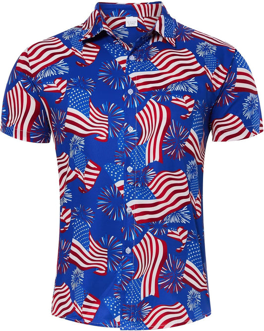 HOTuideazone Mens 4th of July American Flag Patriotic Shirt M-XXL | USA Short Sleeve Button Up Shirt for Independence Day, Memorial Days, Flag Day, 4th of July Parties, Beach Trips and Daily