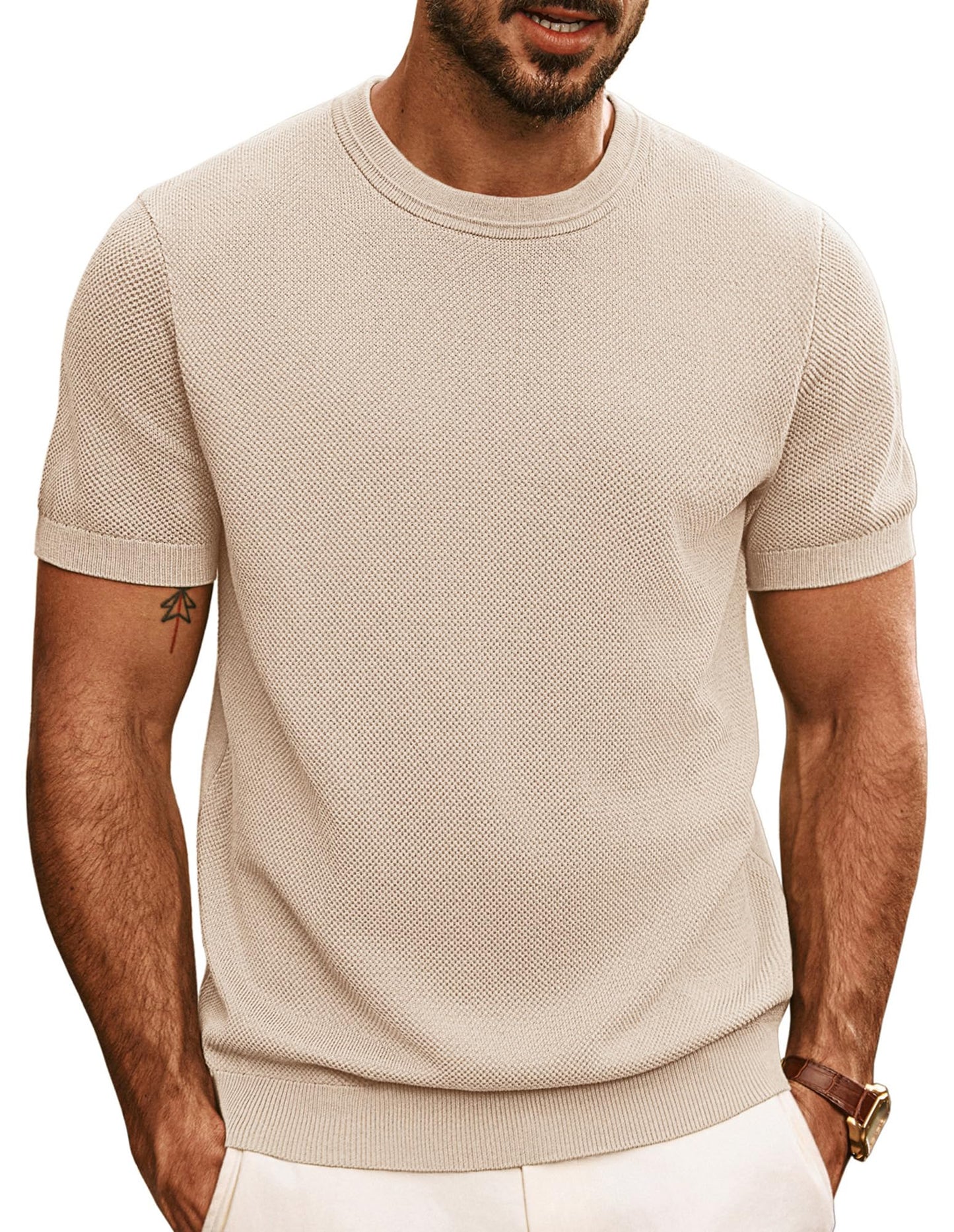 HOTPJ PAUL JONES Mens T Shirts Casual Knit Short Sleeve Tee | Crewneck, Textured Stretch T-Shirts, Lightweight, Comfortable, Breathable, Summer Clothing, Fashion, Classic, Vacation