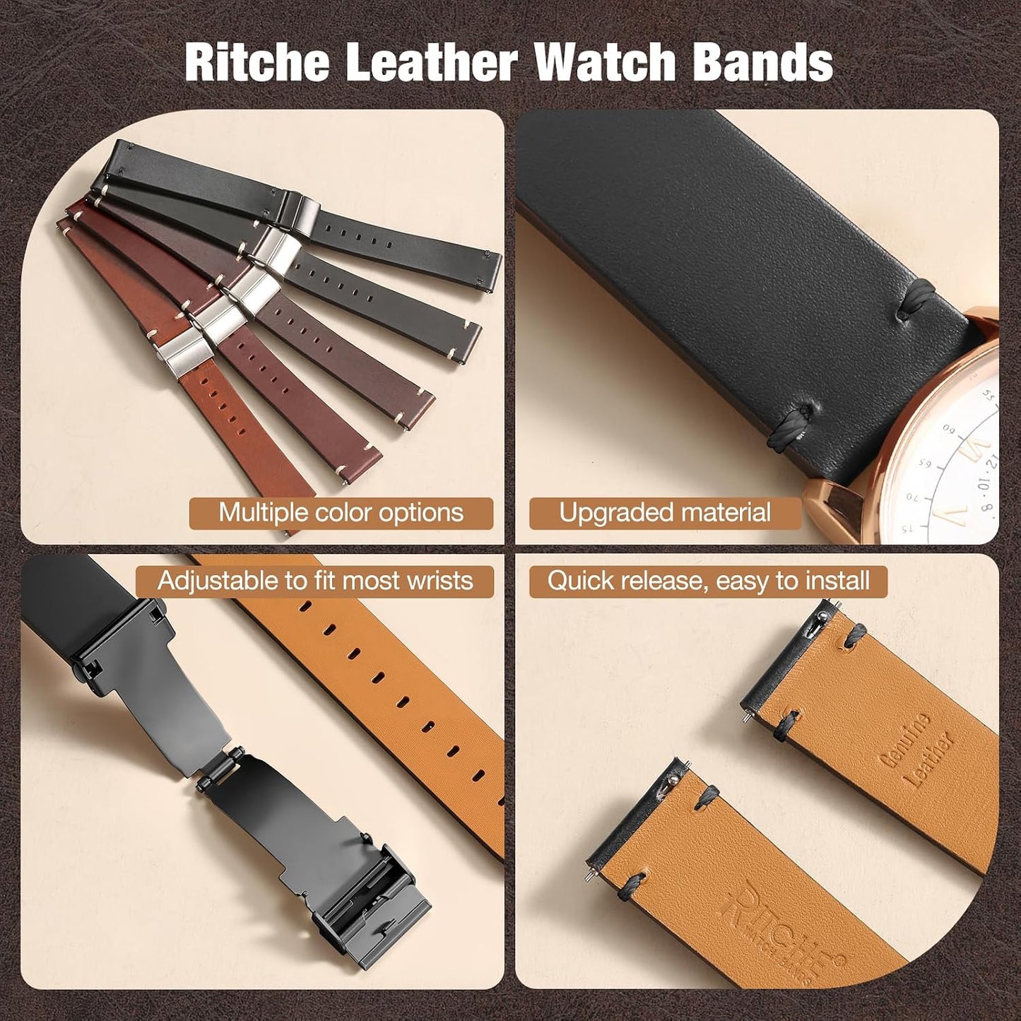 HOTRitche Quick Release Leather Watch Bands for Men Women, Leather Watch Straps with Butterfly Clasp, 18mm 20mm 22mm Watch Band, Black, Brown, Coffee