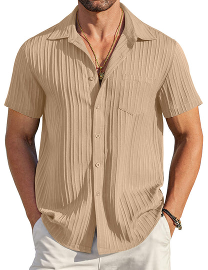 HOTCOOFANDY Men's Casual Button Down Shirts Short Sleeve Textured Summer Beach Shirt with Pocket