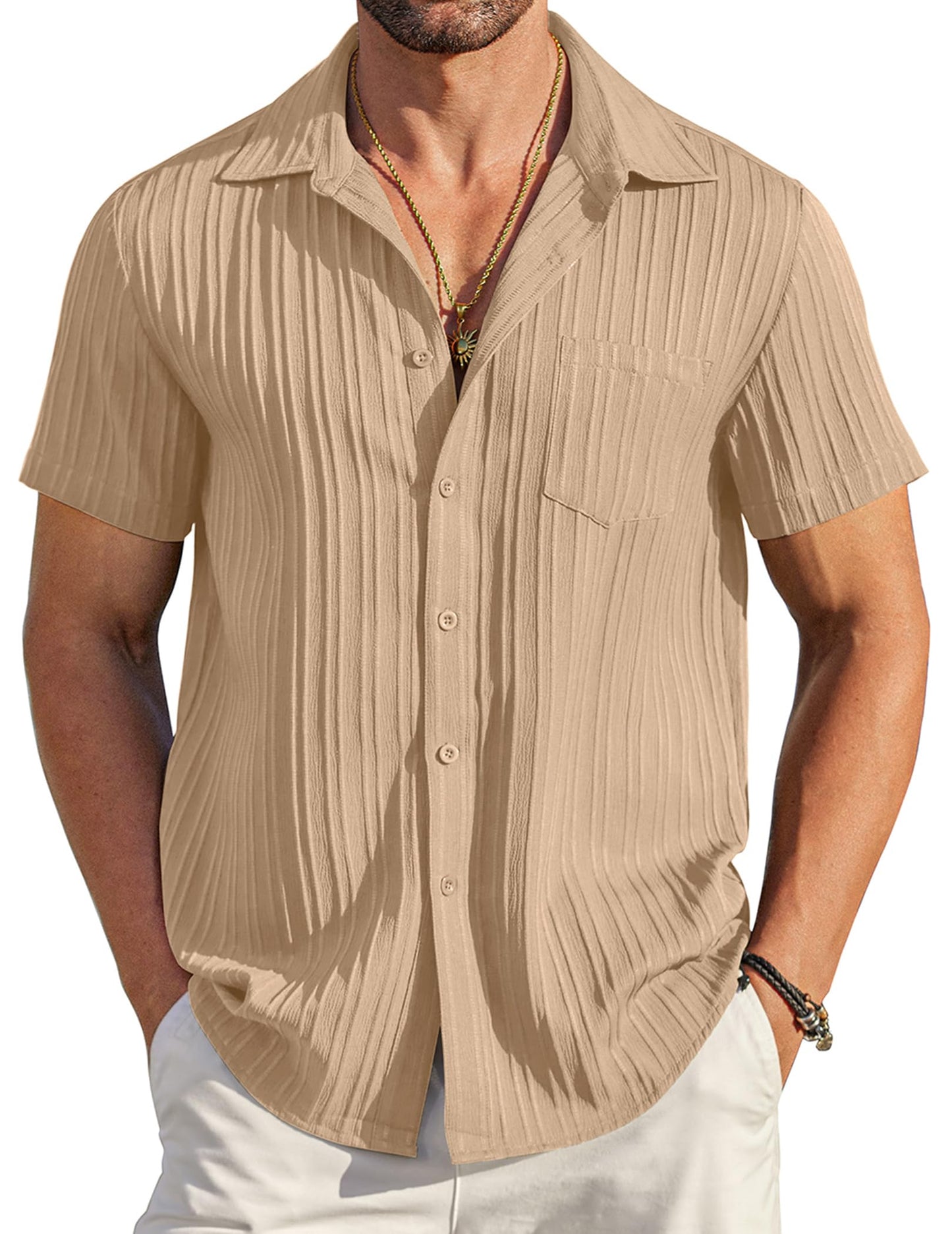 HOTCOOFANDY Men's Casual Button Down Shirts Short Sleeve Textured Summer Beach Shirt with Pocket