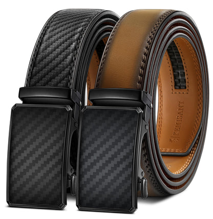 HOTKEMISANT Men's Ratchet Leather Belt 2Pack-Trimmable 1 3/8“-Gift Boxed | Smooth Sliding | Micro Adjustable Fit | Tailored Size | Holeless Understated Elegance