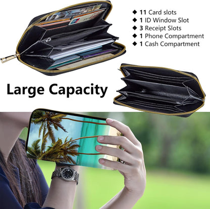 HOTWomen's Wallets RFID Blocking wallet women with Zipper Wristlet Large Capacity Travel Credit Card Holder Womens Wallet with 11 Card Slots ID Window Cash Coin Purse - Palm Tree Beach