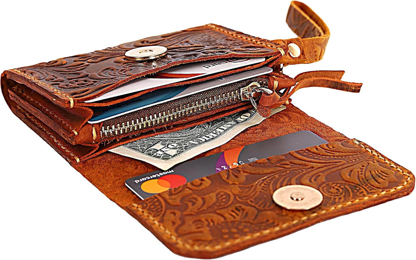 HOTToros Craft Handmade Leather Wallets for Women, Western Wristlet Wallets, Floral Leather Small Credit Card Holder with Zipper, Minimalist & Cute Coin Pouch, Genuine Leather, Camel