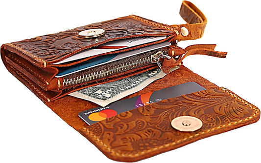 HOTToros Craft Handmade Leather Wallets for Women, Western Wristlet Wallets, Floral Leather Small Credit Card Holder with Zipper, Minimalist & Cute Coin Pouch, Genuine Leather, Camel