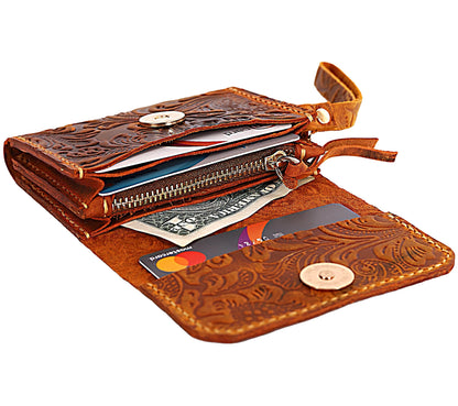HOTToros Craft Handmade Leather Wallets for Women, Western Wristlet Wallets, Floral Leather Small Credit Card Holder with Zipper, Minimalist & Cute Coin Pouch, Genuine Leather, Camel
