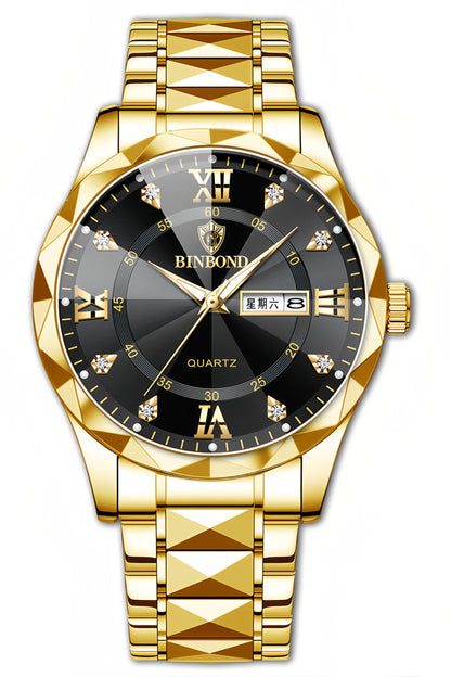 HOTGosasa Luxury Men's and Women's Business Diamond Stainless Steel Waterproof Roman Numeral Analog Quartz Watch with Day-Date Calendar, Gold and Silver Tone