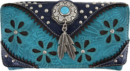 HOTWestern Feather Tooled Leather Floral Laser Cut Flower Purse Studs Single Shoulder Bag Clutch Women Trifold Wristlets Wallet (Coffee)