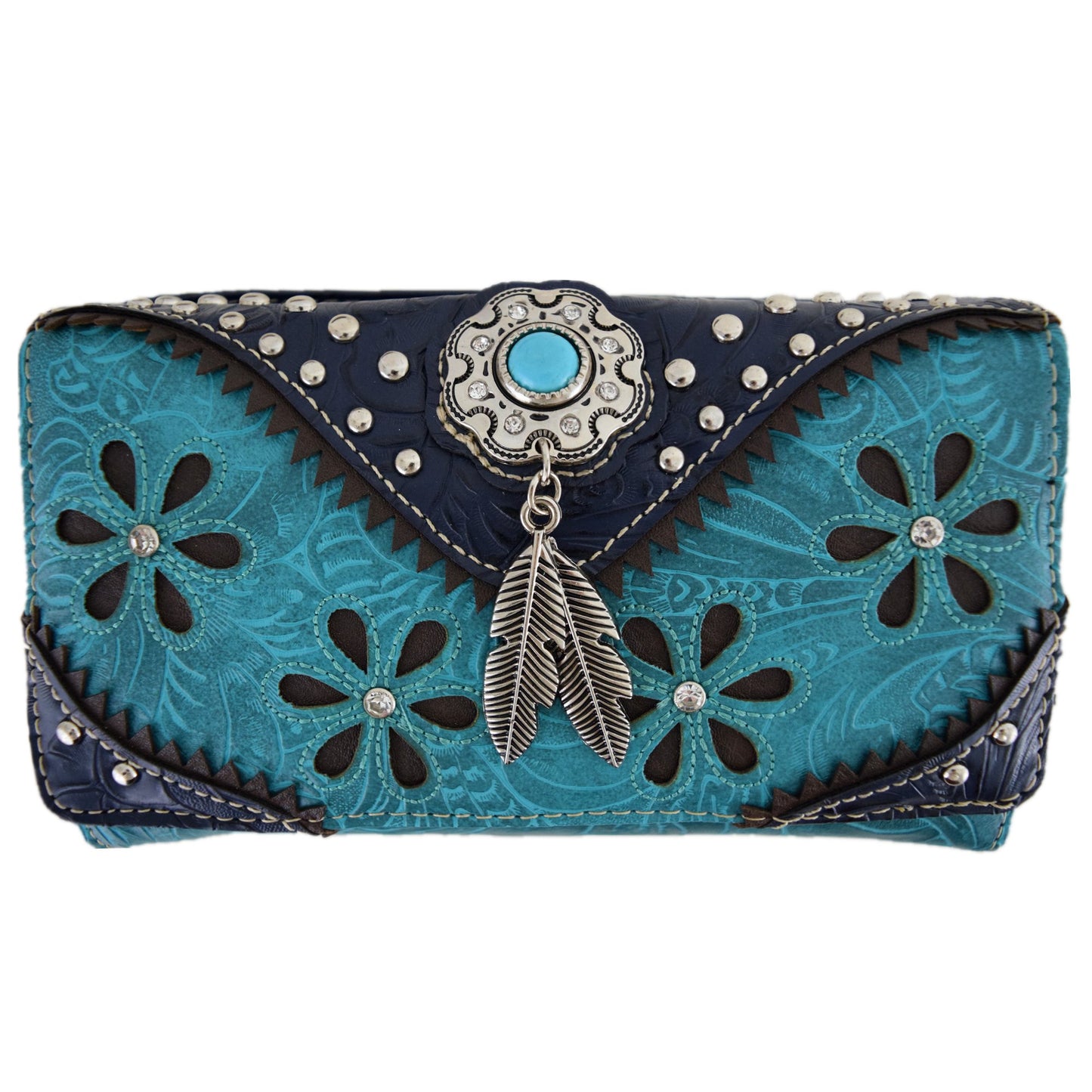 HOTWestern Feather Tooled Leather Floral Laser Cut Flower Purse Studs Single Shoulder Bag Clutch Women Trifold Wristlets Wallet (Coffee)