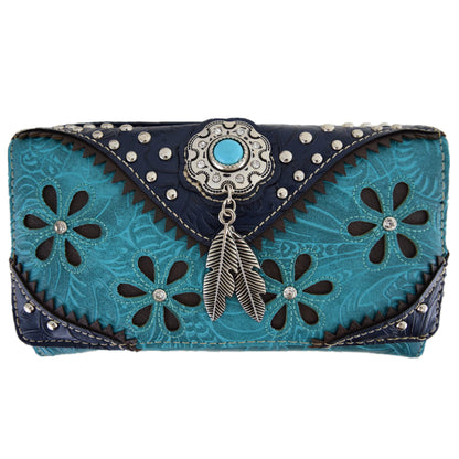 HOTWestern Feather Tooled Leather Floral Laser Cut Flower Purse Studs Single Shoulder Bag Clutch Women Trifold Wristlets Wallet (Coffee)