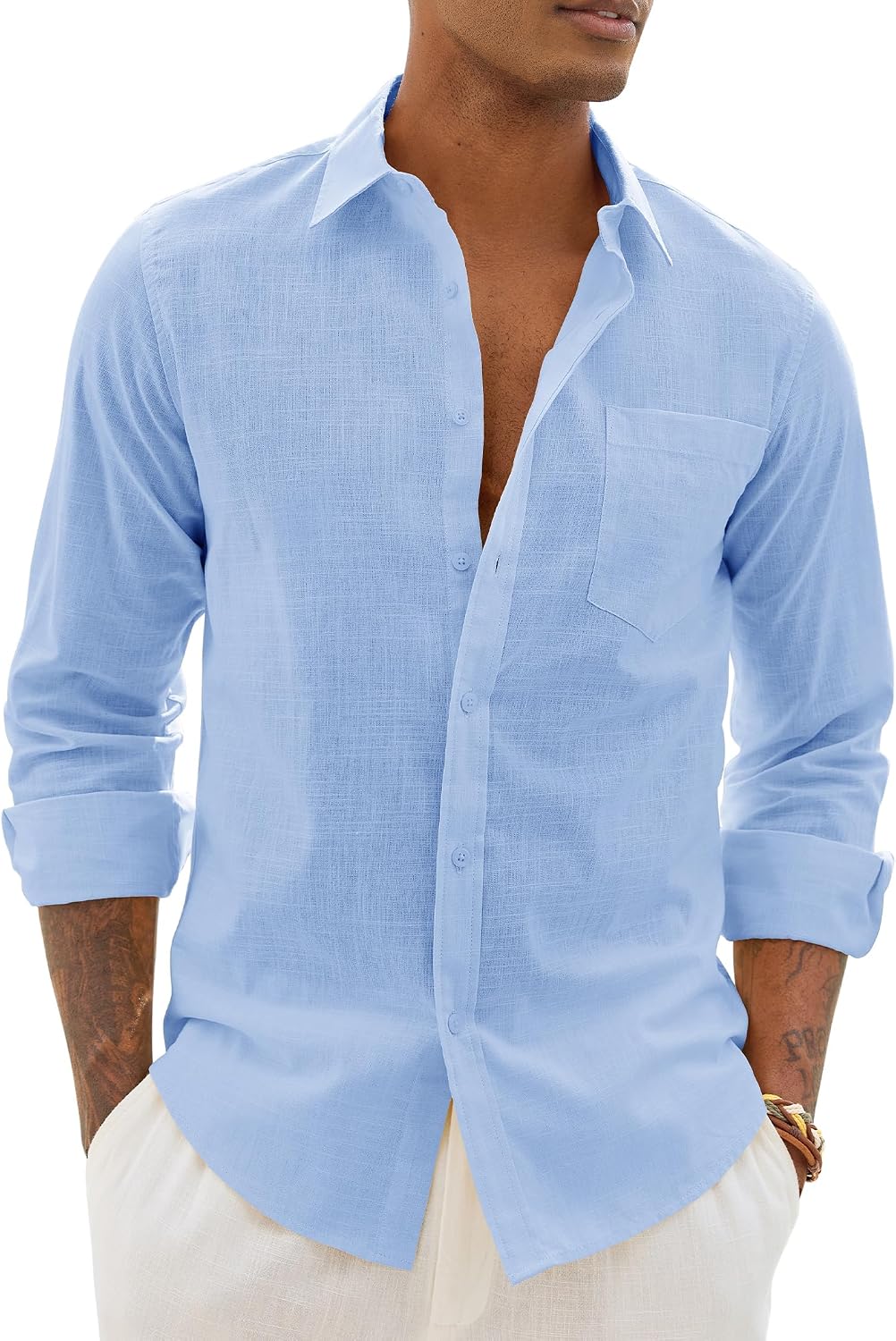 HOTAlimens & Gentle Mens Cotton Linen Textured Shirt Long Sleeve Button Down Shirts Casual Summer Beach Wedding Tops with Pocket