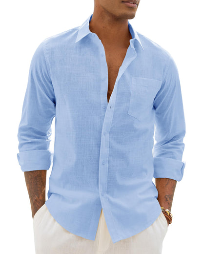 HOTAlimens & Gentle Mens Cotton Linen Textured Shirt Long Sleeve Button Down Shirts Casual Summer Beach Wedding Tops with Pocket