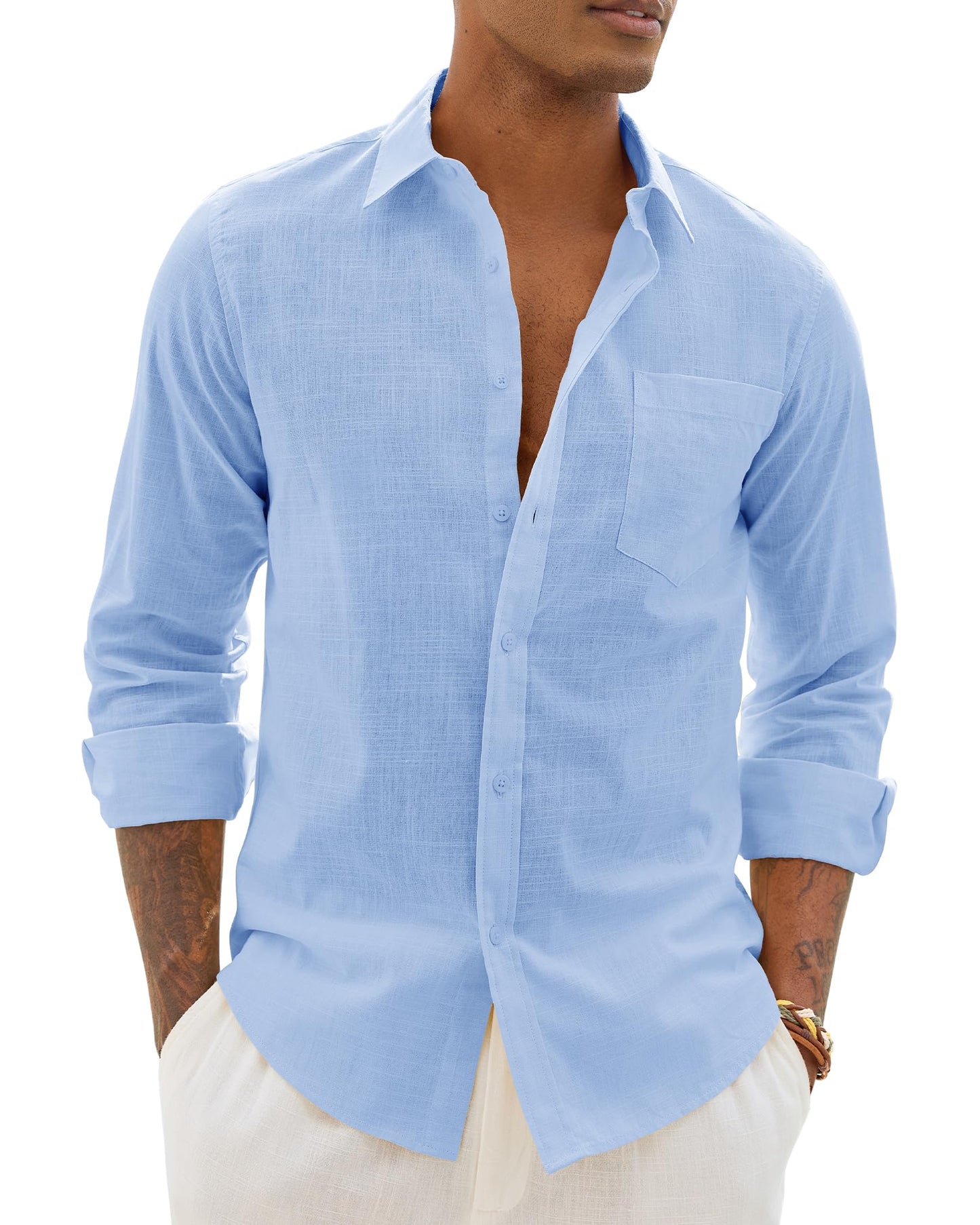 HOTAlimens & Gentle Mens Cotton Linen Textured Shirt Long Sleeve Button Down Shirts Casual Summer Beach Wedding Tops with Pocket