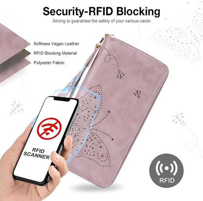 HOTKITEVIUN RFID Wallet Women, Large Capacity Butterfly Cell Phone Clutch Purses Ladies Wristlet Wallets for Women