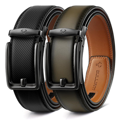 HOTBULLIANT Men Ratchet Belt 2 Pack, Click Sliding Leather Belt Adjustable for Gift Men Dress Casual Jeans 1 3/8,Cut for Fit
