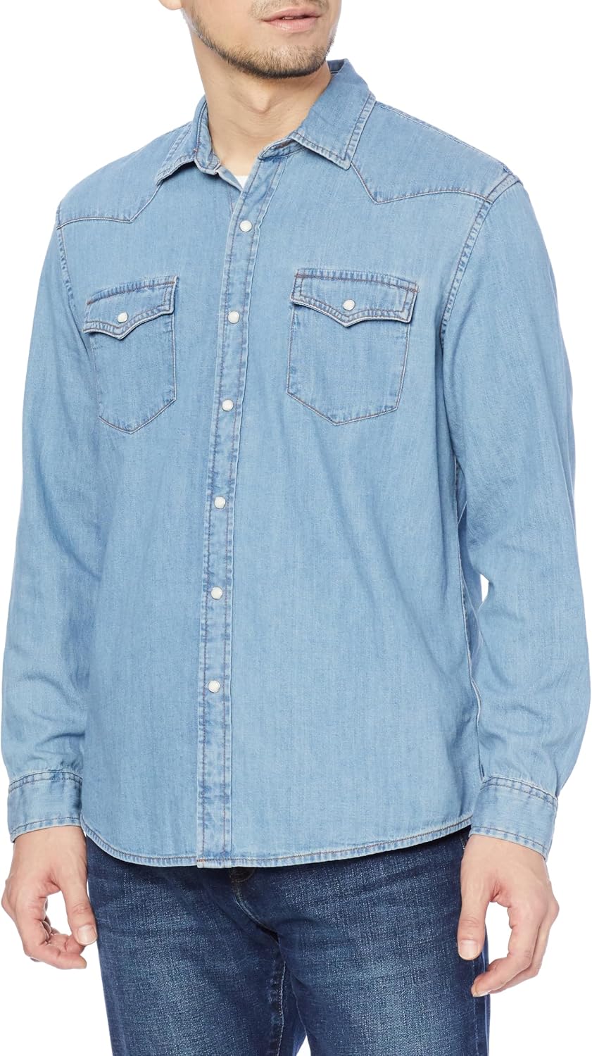 HOTAmazon Essentials Men's Slim-Fit Long-Sleeve Denim Western Style Cotton Shirt with Snap Buttons, Lightweight