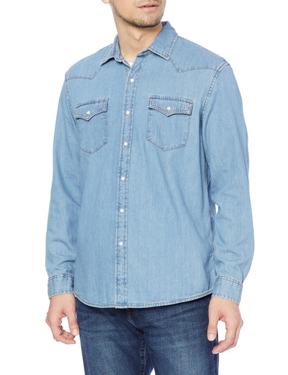 HOTAmazon Essentials Men's Slim-Fit Long-Sleeve Denim Western Style Cotton Shirt with Snap Buttons, Lightweight