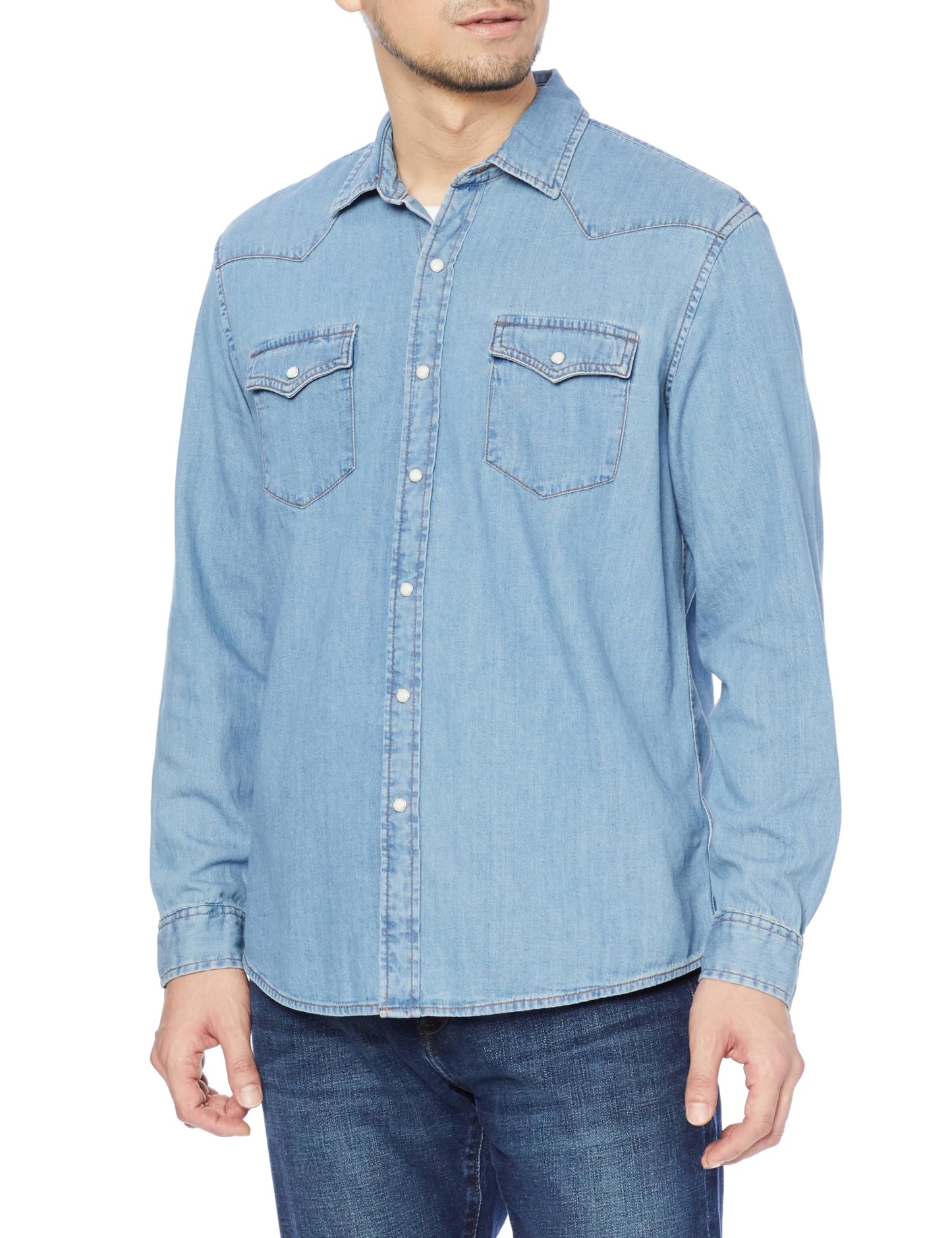 HOTAmazon Essentials Men's Slim-Fit Long-Sleeve Denim Western Style Cotton Shirt with Snap Buttons, Lightweight