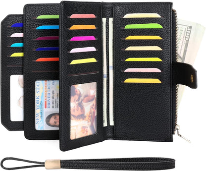 HOTGAEKEAO Womens Wallet RFID Blocking Large Capacity Vegan Leather Card Holder Wristlet Clutch with 32 Card Slots 4 ID Windows