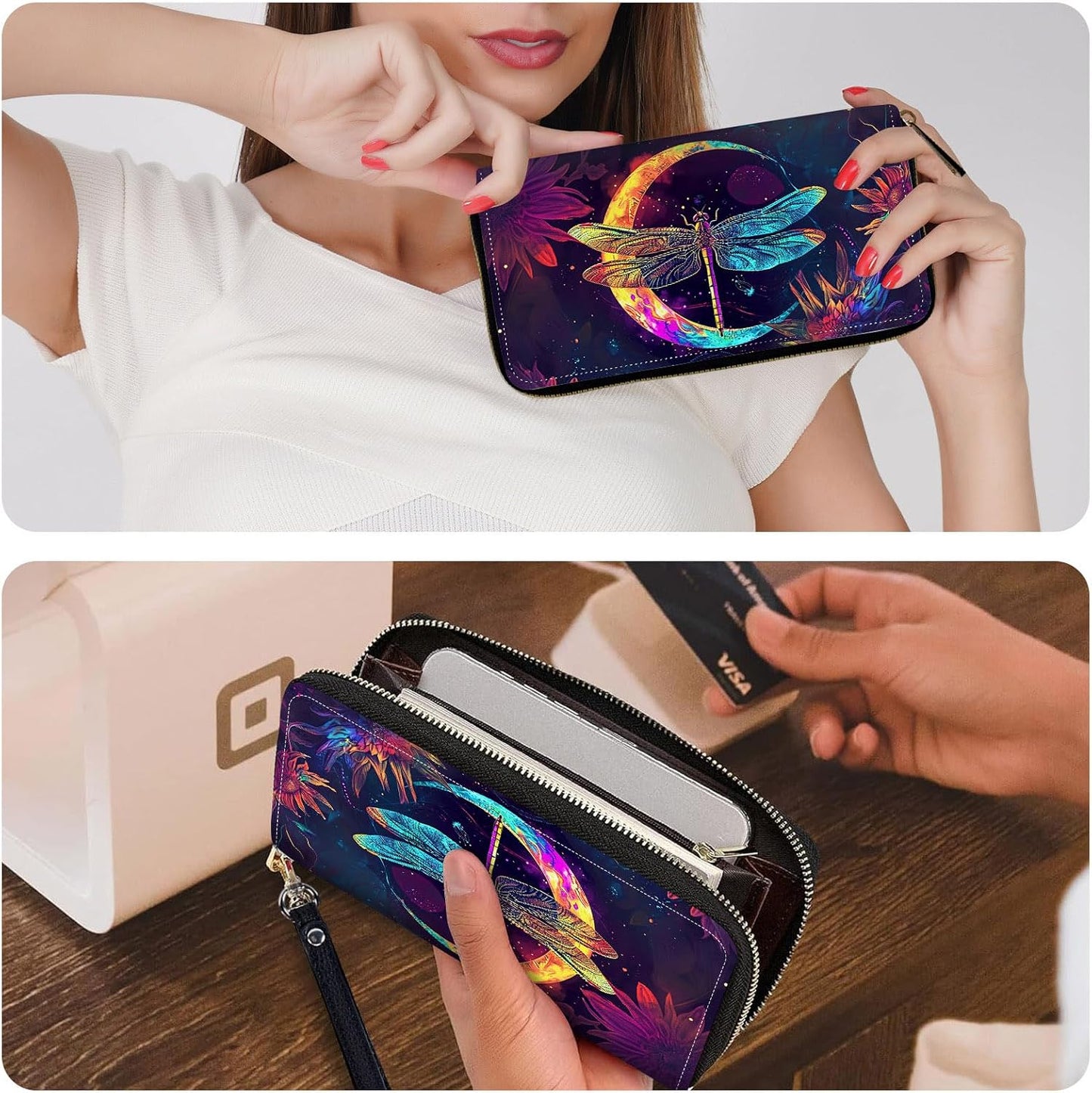 HOTLadies Wallet,Clutch Purses for Women Wallets Leather Credit Card Holder for Women Wristlet Slim Small Cute with Zipper,Thin RFID Blocking with Wrist Strap,Glitter Dragonfly Moon