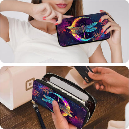 HOTLadies Wallet,Clutch Purses for Women Wallets Leather Credit Card Holder for Women Wristlet Slim Small Cute with Zipper,Thin RFID Blocking with Wrist Strap,Glitter Dragonfly Moon