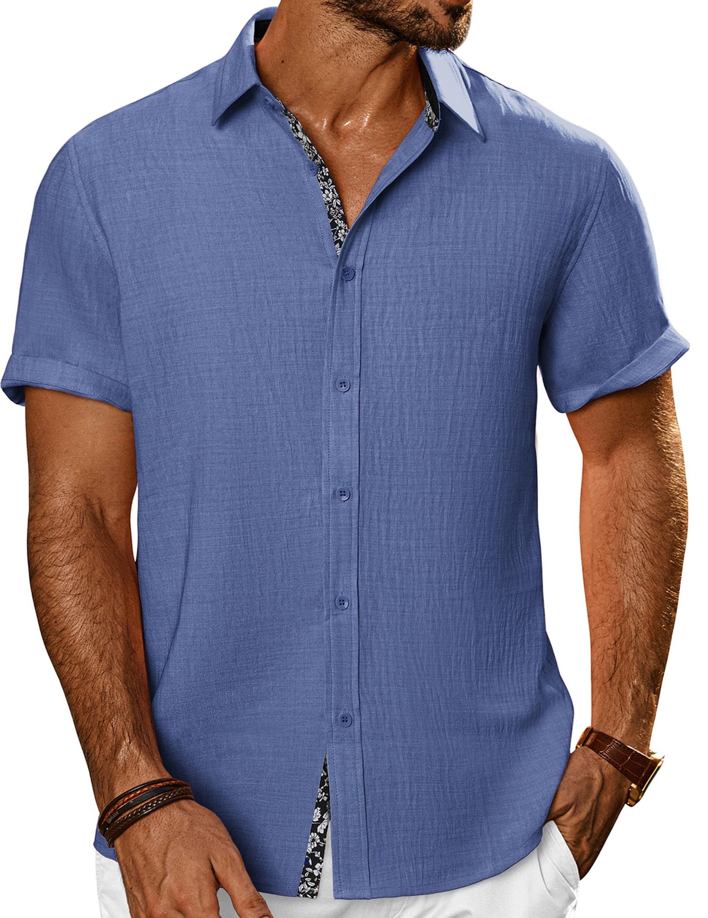 HOTPJ PAUL JONES Mens Short Sleeve Button Down Shirts Casual Summer Clothing | Linen Textured, Summer Beach Vacation Tops, Untucked Dress Shirt, Lightweight, Regular Fit, Fashion Resort Wear