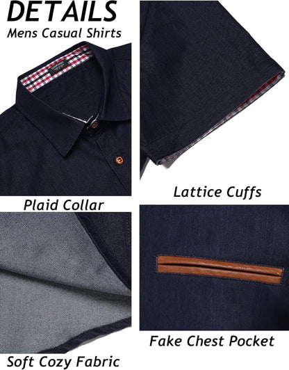 HOTCOOFANDY Men's Cotton Casual Short Sleeve Button Down Shirt Plaid Collar Denim Work Shirts
