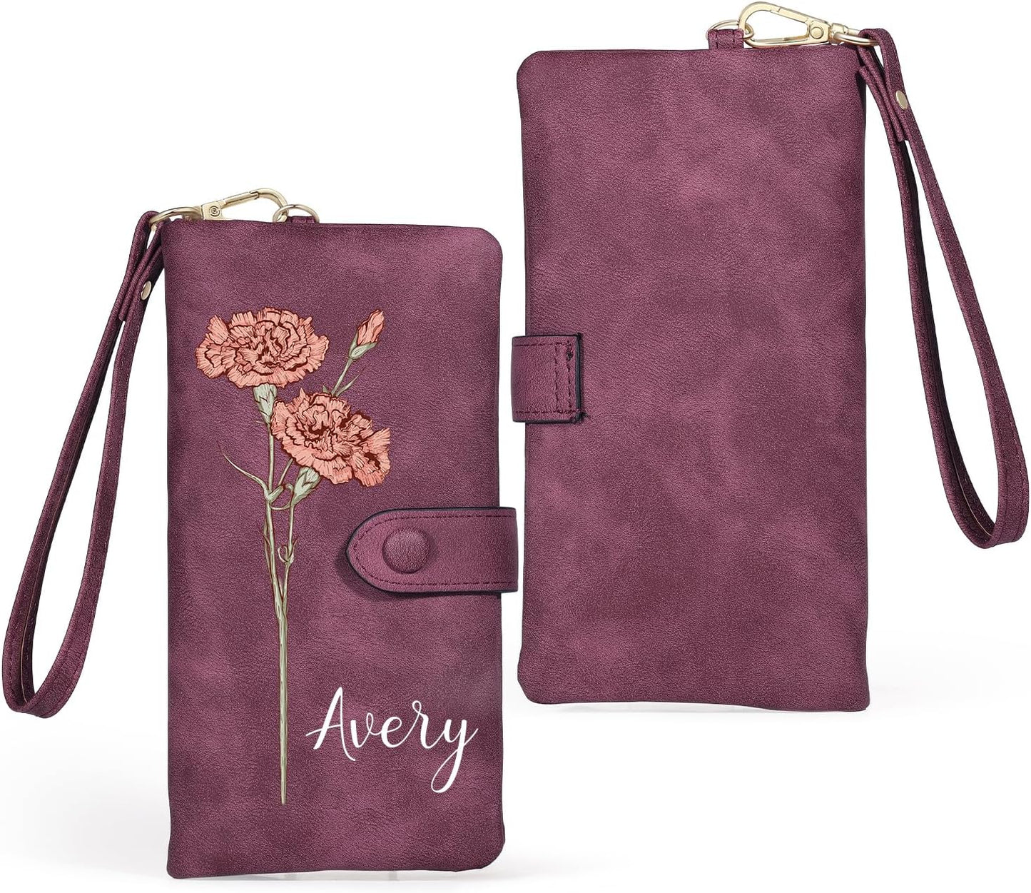 HOTPersonalized Wallet for Women, Custom Birth Flower & Name Detachable Leather Wristlet, Stylish Card Holder Purse with Zipper Large Capacity Wallet Mother's Day Gifts for Mom (Purple)