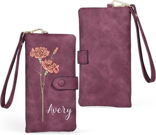 HOTPersonalized Wallet for Women, Custom Birth Flower & Name Detachable Leather Wristlet, Stylish Card Holder Purse with Zipper Large Capacity Wallet Mother's Day Gifts for Mom (Purple)