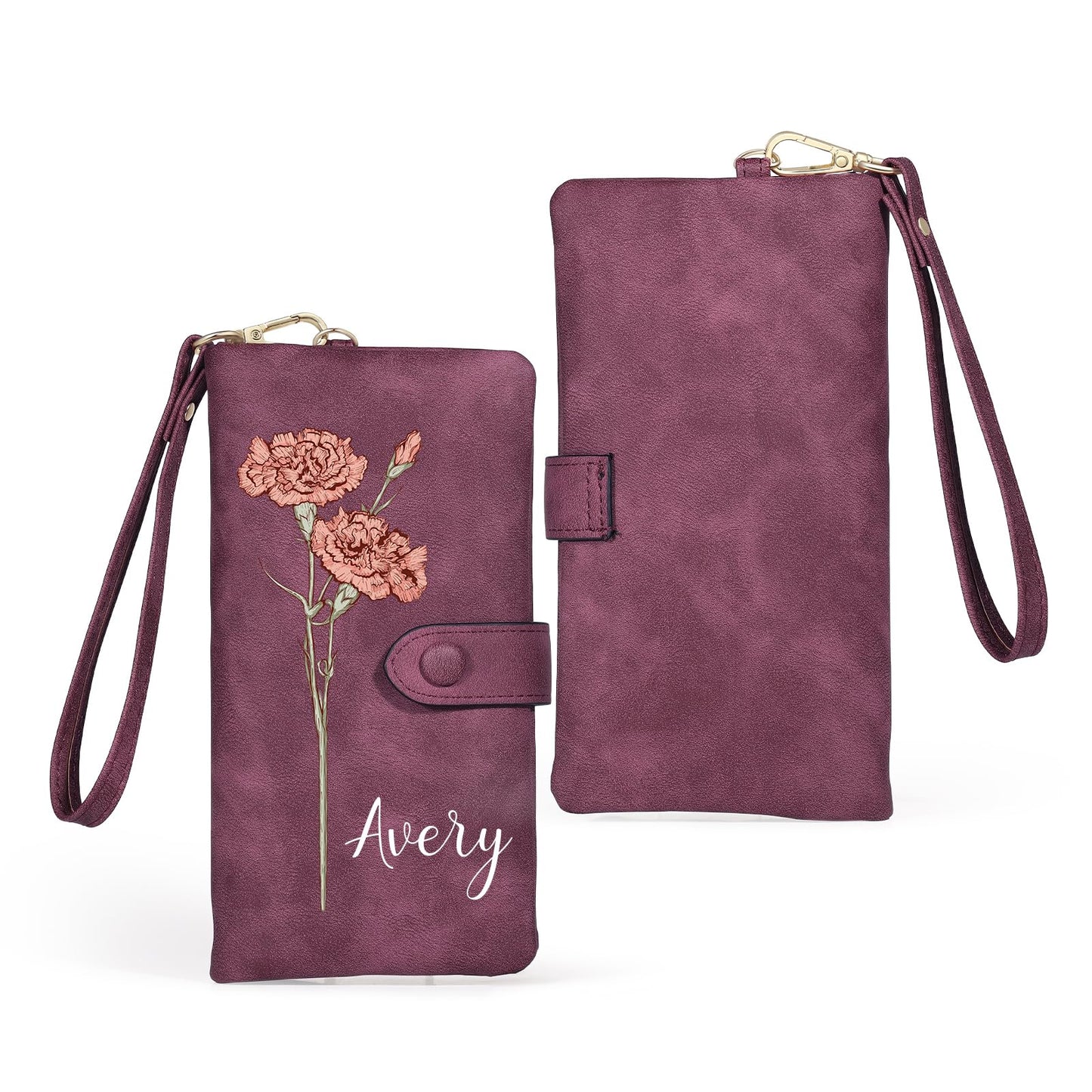 HOTPersonalized Wallet for Women, Custom Birth Flower & Name Detachable Leather Wristlet, Stylish Card Holder Purse with Zipper Large Capacity Wallet Mother's Day Gifts for Mom (Purple)