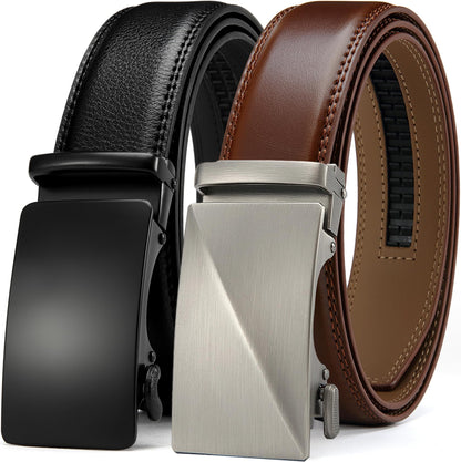 HOTDOOPAI Men's Leather Ratchet Belts 2 Pack Adjustable Click Belt Set for Dress & Casual, Custom Fit 1 3/8" (35mm) -Trim to Fit