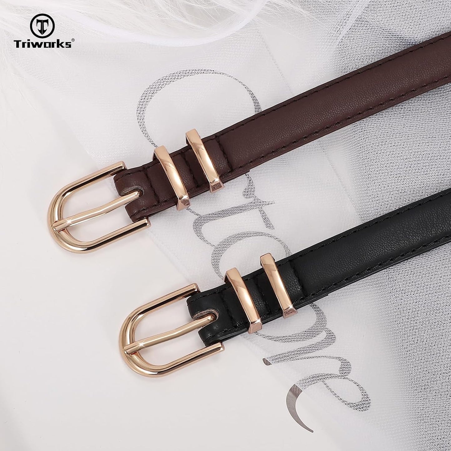 HOTTRIWORKS 2 Pack Women Skinny Leather Belts for Jeans Pants Thin Faux Leather Belt with Gold Buckle