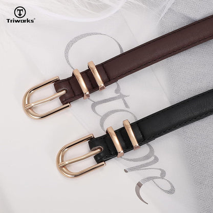 HOTTRIWORKS 2 Pack Women Skinny Leather Belts for Jeans Pants Thin Faux Leather Belt with Gold Buckle