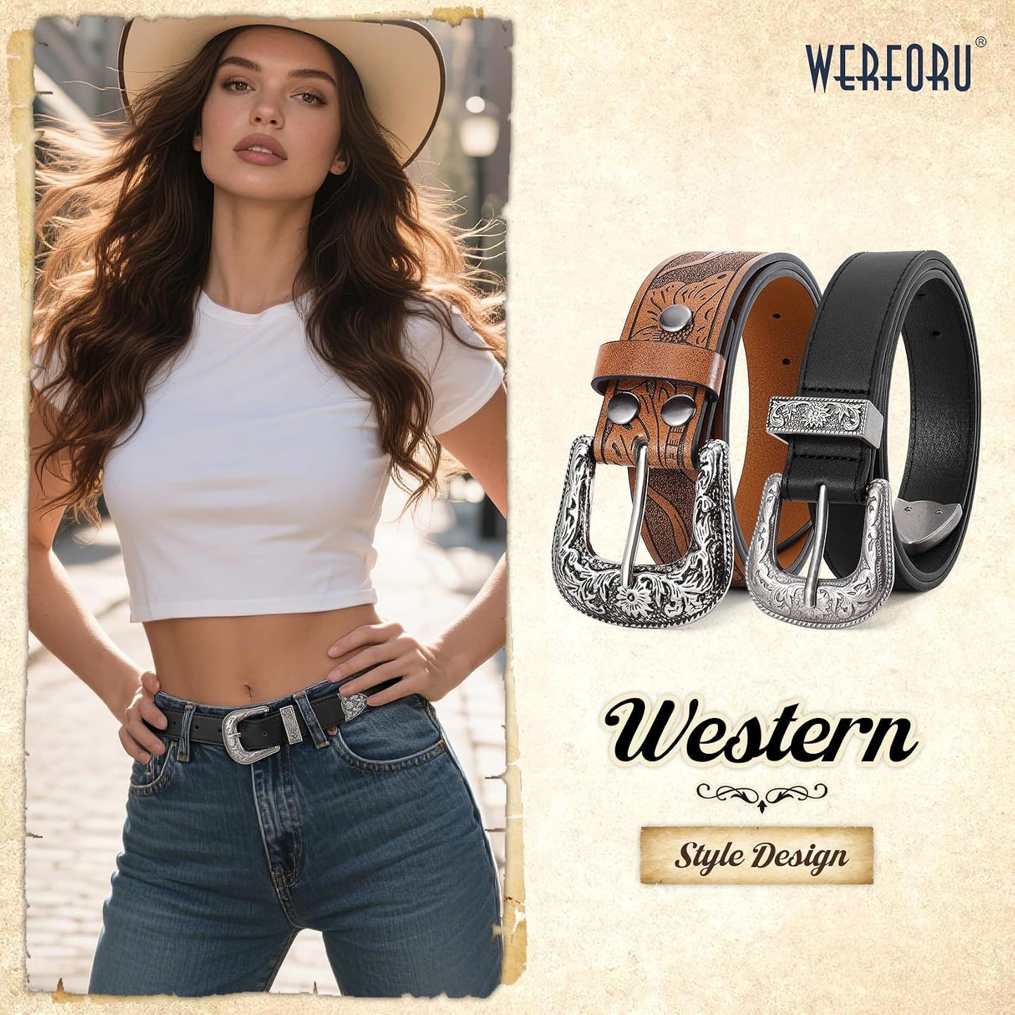HOTWERFORU 2 Pack Women Western Leather Belts for Jeans Western Belts with Big Buckle Country Belts for Cowgirls