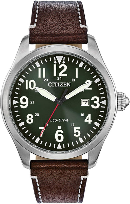 HOTCitizen Men's Sport Casual Garrison 3-Hand Date Eco-Drive Leather Strap Watch, Arabic Markers, Stainless Steel, Field Watch