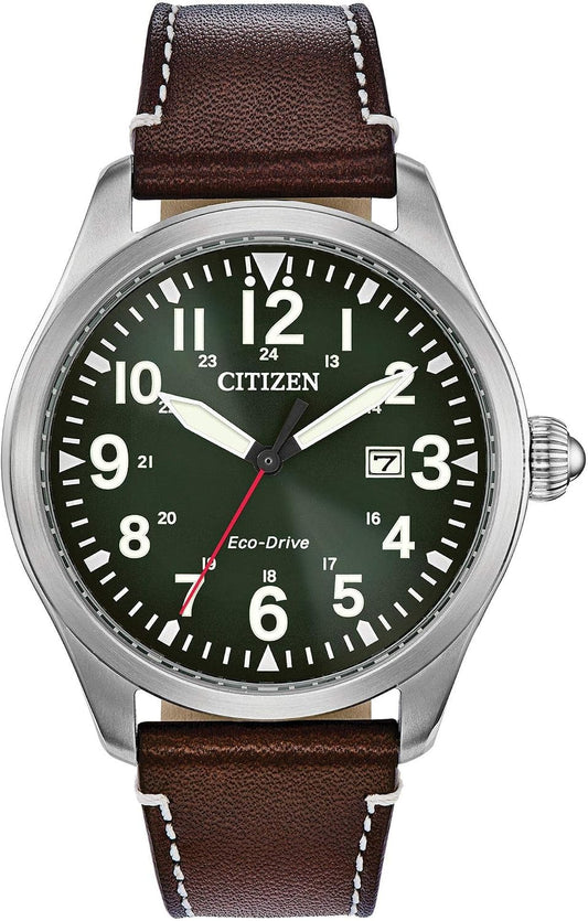 HOTCitizen Men's Sport Casual Garrison 3-Hand Date Eco-Drive Leather Strap Watch, Arabic Markers, Stainless Steel, Field Watch